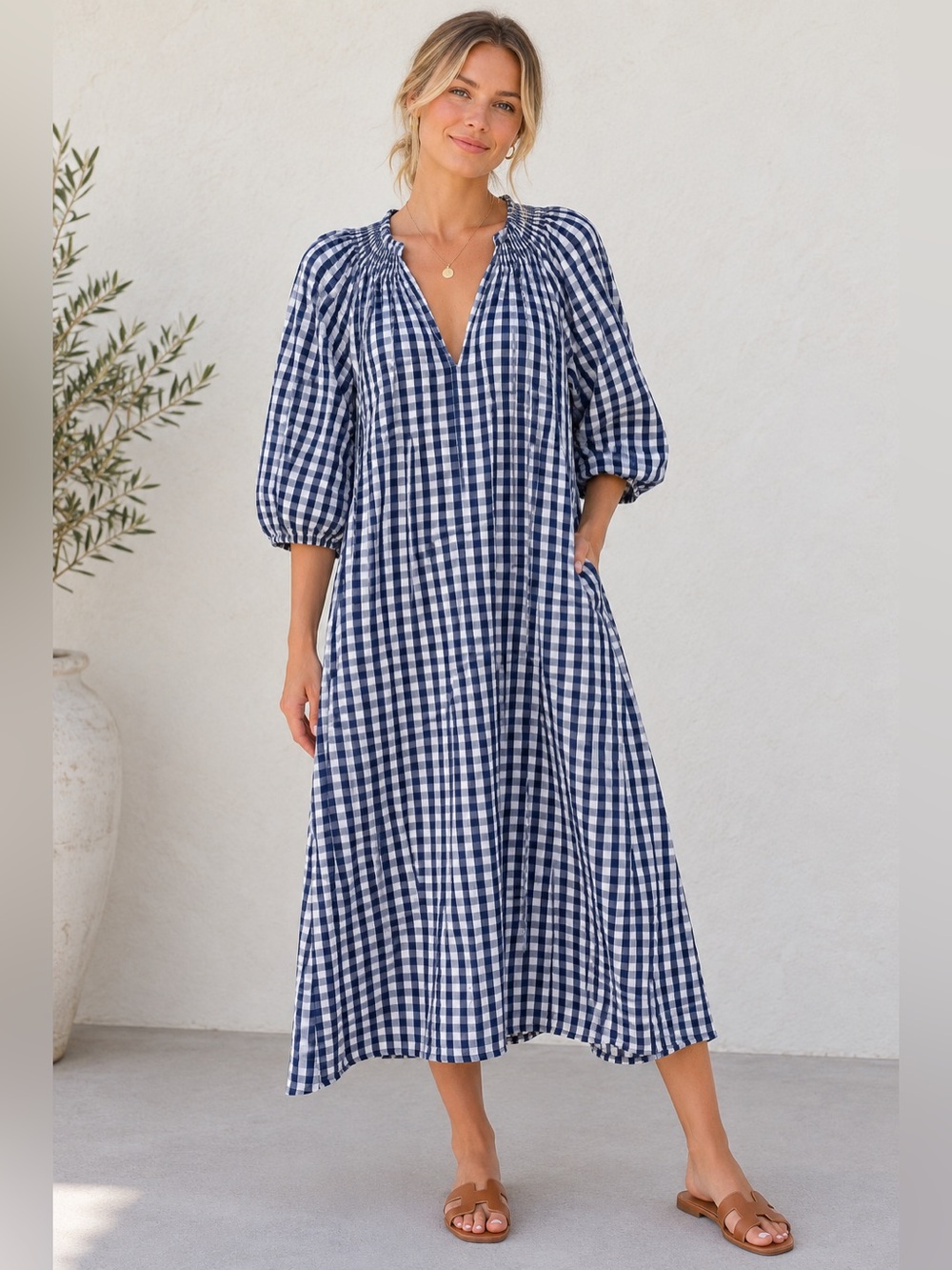 LAKE Navy Blue White Gingham Cotton Midi Dress Size Large 100% Cotton